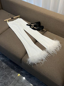 Elegante design Feathers Cuff Lady Office Basic Solid Suit aderente Blazer dentellato pantaloni svasati <span class=keywords><strong>donna</strong></span> Patchwork di <span class=keywords><strong>raso</strong></span> 2 pezzi - Product Image 5