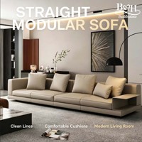 Canapé modulaire en cuir avec rangement latéral intégré, base en bois, accoudoirs larges, style moderne, pour salon