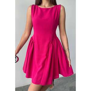 Vestido de Lino Fruncido Color Fucsia, Talla Mini, Estilo Fiesta, Mangas Abullonadas, Cintura Imperio, Personalizable, Disponible en Tallas XS a 6XL, Venta al Por Mayor - Product Image 2