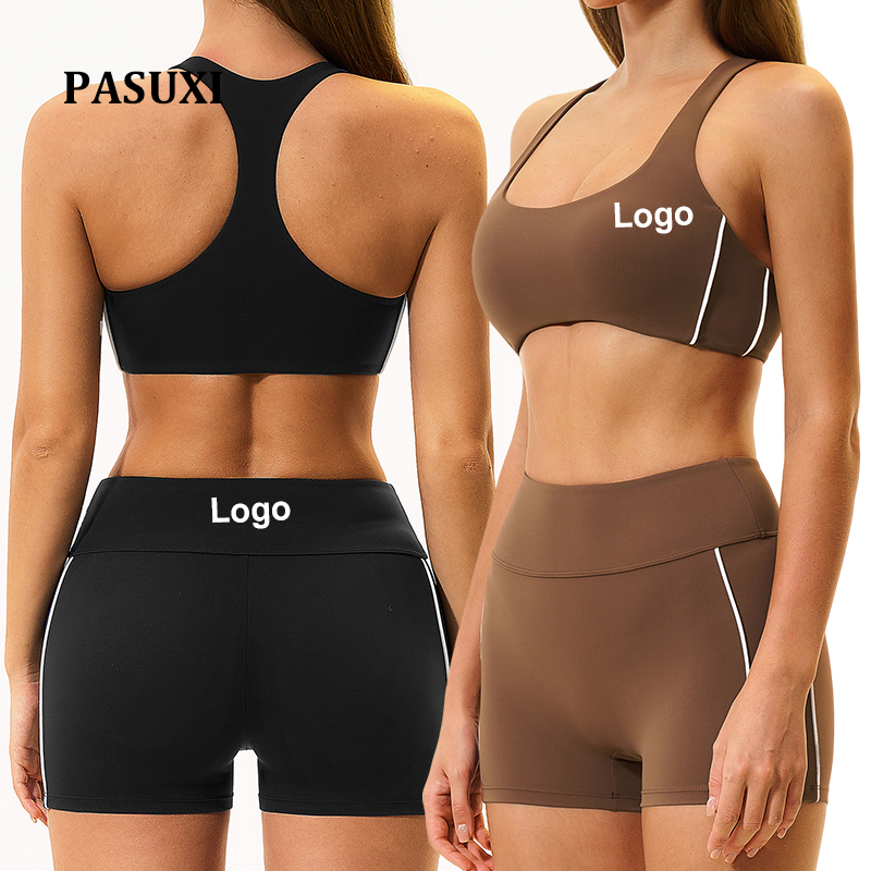 PASUXI Women's Seamless Breathable Side Striped Yoga Set Brushed High for Sports Bra High Waist Shorts 2 Piece Gym Workout