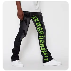 Custom Damage Vibe Print Ripped Flared Stacked Pants Custom Denim Pants Male Stacked Denim Jeans Man Men's Jeans Men