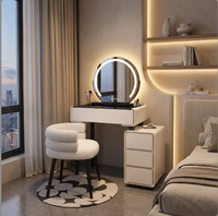 Table de toilette moderne de luxe en pin de 60 cm avec miroir éclairé réglable et rangement pour petits appartements