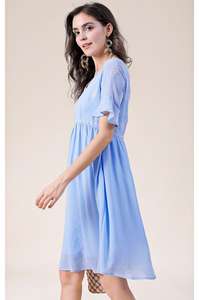 Abito blu chiaro con scollo a V con ricamo, maniche corte svasate, abito <span class=keywords><strong>Midi</strong></span> in Chiffon da donna - Product Image 2