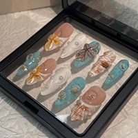 Uñas Acrílicas Francesas de Almendra con Puntas Largas y Diseño de Mariposa, Pre-Diseñadas con Pegamento, Listas para Usar