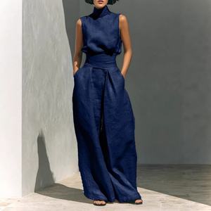 Ensemble deux pièces <span class=keywords><strong>pour</strong></span> <span class=keywords><strong>femme</strong></span>, haut sans manches à col montant, pantalon large taille haute, effet lin, élégant et décontracté - Product Image 2