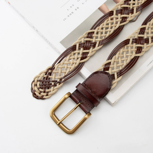 <span class=keywords><strong>Cintura</strong></span> Vintage con Fili di <span class=keywords><strong>Pelle</strong></span> Intrecciati Marrone e <span class=keywords><strong>Beige</strong></span>, Fibbia in Rame Retrò, Design Casual Bohemien Rustico ed Eco-sostenibile - Product Image 2