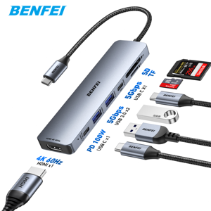 Adaptador Multipuerto <span class=keywords><strong>BENFEI</strong></span> 7 en 1 con USB-C a HDMI 4K@60Hz, Lector de Tarjetas SD/TF, 3 Puertos USB 3.0 y Entrega de Energía de 100W - Product Image 1
