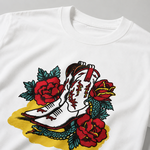 Western Cowboy Boot Floral Print Camiseta de algodón con cuello redondo y manga corta para mujer, top informal de verano - Product Image 3
