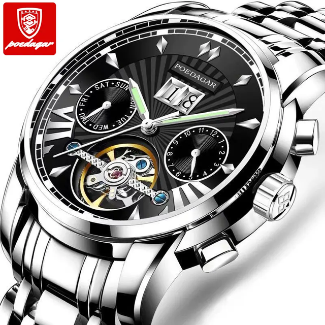 POEDAGAR Fashion Male Watch Luxury Brand Custom Mens Mechanical Watch Date Luminous Stainless Steel Men Wrist Watch