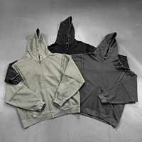 Sudadera con capucha unisex de otoño-invierno, con paneles de forro polar, efecto desgastado, cremallera, teñido en prenda, lavado, venta al por mayor, logotipo personalizado, color, 100% algodón