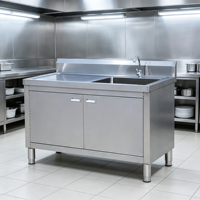 Évier commercial en acier inoxydable avec table de travail et armoire intégrée, tailles et matériaux personnalisables pour la vaisselle et le lavage des légumes en cuisine