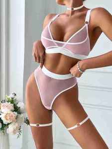 Ensemble de lingerie sexy en maille ajourée avec soutien-gorge, culotte taille haute, collerette et anneaux de jambe – Ensemble quatre pièces pour femme - Product Image 3