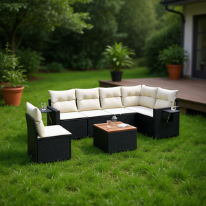 Ensemble de canapés de jardin noir et crème en rotin PE, mobilier d'extérieur au design contemporain, coussins imperméables - Product Image 2