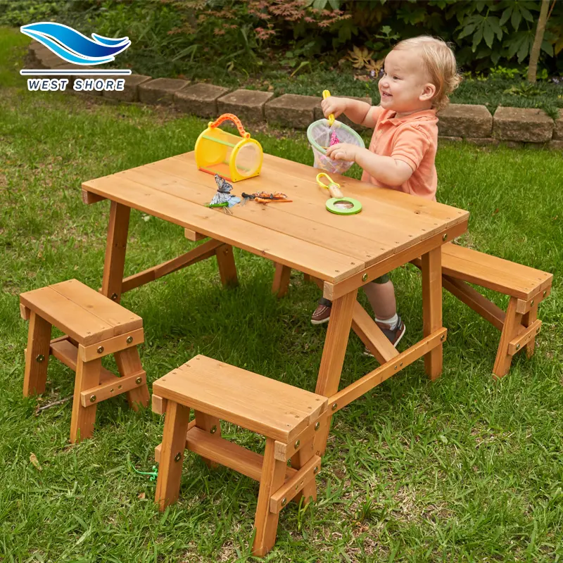 Houten Picknicktafel Buiten Met Drie Banken Kids 'Terrasmeubilair Buiten Houten Kinder Tuin Picknicktafel Stoel