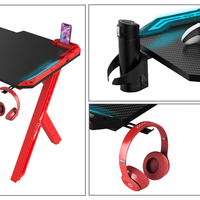 Bureau de jeu PC en forme de R de 55,1 pouces avec LED, bureau de jeu pour joueurs de sport électronique, table de jeu informatique en fibre de carbone