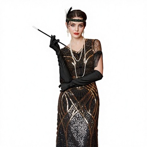 Vintage 1920s Flapper Gatsby Sequin Embroidered Short Sleeve Natural Waist Breathable Long <b>Floor</b>-<b>Length</b> <b>Dress</b> Fringe for Party - Product Image 3