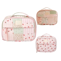 Tas Makeup katun berlapis Qetesh tas kosmetik wanita tiga lapisan pola cetak berbagai lembut dengan tali tangan
