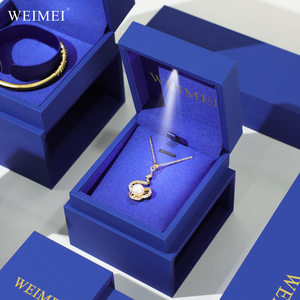 WEIMEI Custom Logo Luxury Blue Drawer Sliding Paper PU <b>Leather</b> Necklace Ring <b>Bracelet</b> Packaging LED Jewelry Box - Product Image 4