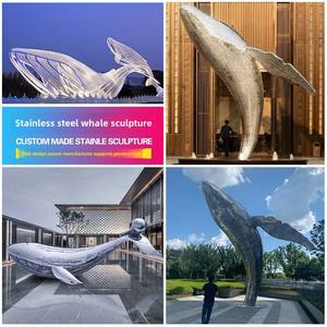 Sculpture de poisson volant géométrique de dessin animé abstrait moderne écologique sculpté en acier inoxydable baleine bloc visage ornement de sol - Product Image 4
