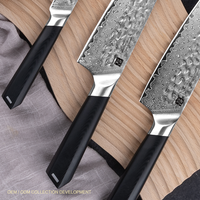 Ensemble de couteaux de cuisine Damas 3 pièces avec manche G10, lames en acier Damas, design ambidextre, fabrication artisanale, support personnalisé de luxe