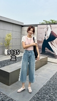 Celana Jeans Wanita Ukuran Besar Kasual Biru Model Crop Kancing Samping Renda Elastis Bahan Denim Pinggang Tinggi Kaki Lebar Cocok untuk Empat Musim