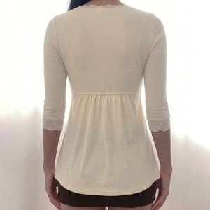 Blusa de punto con cuello en V y encaje para mujer, manga 3/4, corte holgado en A, elegante, informal, para todas las estaciones, camiseta suave - Product Image 3