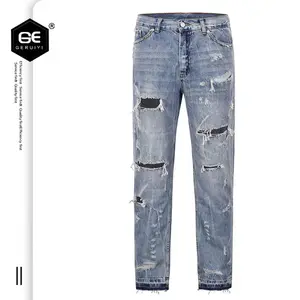 Oem/odm high street washed to make old worn scratches and holes men's slim VIBE wind casual fashion jeans