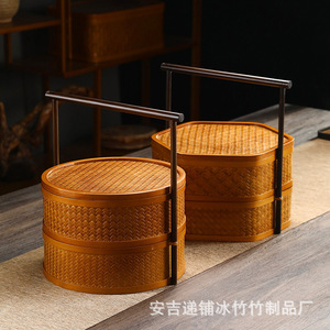 Handmade <b>Bamboo</b> Woven Basket Double Layer Lidded Food <b>Container</b> Round Chinese Retro Style Tea Storage Household Use - Product Image 1