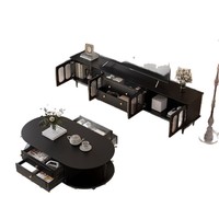 Meuble TV et Table Basse Combinés Style Rétro Français-Américain en Bois Massif Noir Pliable avec Rangement pour Salon