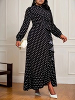 Robe longue ample évasée Y309 noire à pois pour femme, col montant, manches longues, longueur cheville, idéale pour la prière et les fêtes
