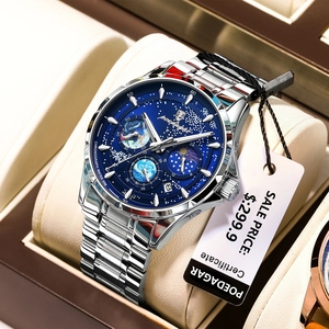Montre chronographe pour homme POEDAGAR, cadran bleu avec phases de lune et ciel étoilé, bracelet en acier inoxydable, étanche, montre-bracelet à quartz pour affaires - Product Image 6