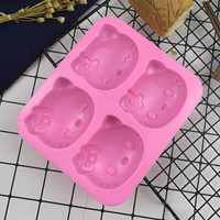 Cetakan Kue Mousse Silikon Bentuk Kepala Kucing Empat Lubang, Alat Pembuat Kue Kreatif untuk Dapur