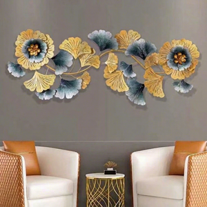 Nordic Luxury Gold Metal <b>Wall</b> Art Sculpture Blue White <b>Flower</b> Ginkgo Leaf Arrangement <b>Wall</b> Hanging <b>Decor</b>-B2B Bulk Export-India - Product Image 1