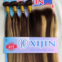 Lot de 4+1 mèches de cheveux humains brésiliens vierges bruts avec closure, alignées sur la cuticule, pour extensions en vrac