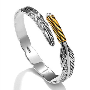 Retro Antique <strong>Silver</strong> Feather Opening <strong>Bangle</strong> for <strong>Men</strong> Simplicity Trendy Adjustable Bracelets Jewelry - Product Image 1