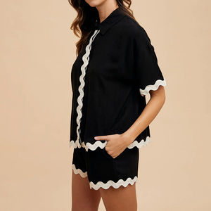 ชุดเสื้อสองชิ้นสำหรับผู้หญิง<span class=keywords><strong>เสื้อ</strong></span>ลำลองขอบ<span class=keywords><strong>หยัก</strong></span>ชุดเสื้อและแขนสั้นออกแบบได้ตามต้องการสำหรับฤดูร้อน - Product Image 5