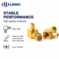 Conector LWMC SMA Hembra con Contactos Plateados 1.30 Max, Ángulo Recto, para Soldar en Cables Semirrígidos y Semiflexibles de 0.086, hasta 12.4GHz
