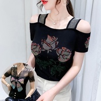 Camiseta de Fiesta para Mujer con Hombros Descubiertos, Pedrería de Rosas, Lentejuelas Brillantes, Ajuste Delgado, Manga Corta, Ideal para Discoteca
