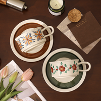 Set Cangkir dan Piring Kopi Gaya Eropa Bekas, Mug Keramik Hadiah Bernilai Tinggi dengan Desain Teh Sore Retro yang Dilukis Tangan