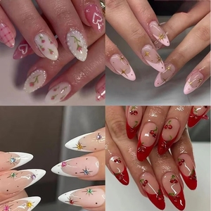 <span class=keywords><strong>Uñas</strong></span> Postizas Acrílicas con Decoración de Perlas y Diamantes de Imitación Estilo Francés, Diseño Simple de Almendra, para Regalo - Product Image 1