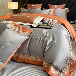 Selected Fashion Luxury Four-Piece <b>Bedding</b> <b>Set</b> 100 Cotton Duvet Cover Fitted Sheet All Season Breathable Solid Color - Product Image 1