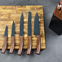 7pcs Pisau Dapur Stainless Steel Motif Kayu Bilah Anti Lengket Gagang pp Set Pisau Koki Hitam Dengan Blok Pengasah Terintegrasi
