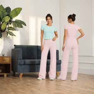Conjunto de Yoga de 2 Piezas para Mujer, Camiseta Corta de Manga Corta, Pantalones Anchos con Cintura Elástica, Transpirables, con Logotipo Frontal, Ropa Deportiva - Product Image 3