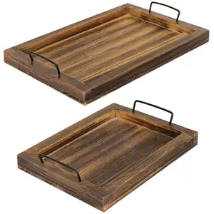 Set of 2 Country Rustic Burnt Wood Tray Rectangular Nesting Serving Trays With Metal Handles