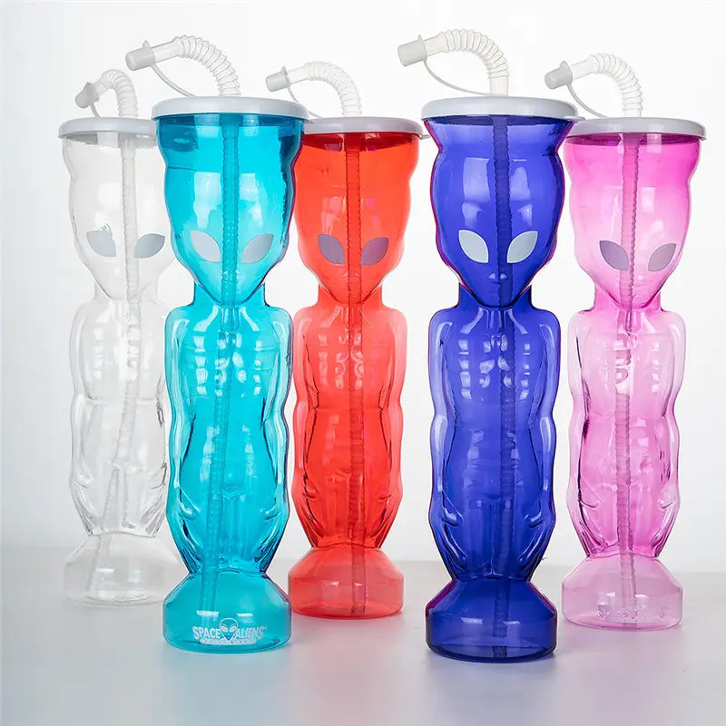 Tall color plastic long drinking coffee shaped slush alien pipe yard cup with lid and straw
