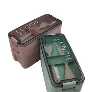 1000Ml Japanse Drielaagse Grote Capaciteit Plastic Lunchbox Met Bestek Kantoorschool Draagbare Ontbijtpicknickcontainer