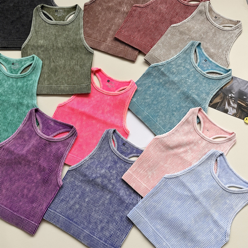 Custom Logo Y2k Vintage Crop Top Distressed Women Yoga Tank Top Ribbed Acid Wash Fitness Vest
