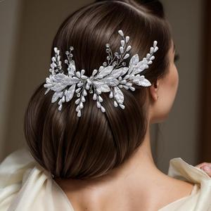 2024 coiffes faites à la main cristal perle cheveux peigne broche pince couleur argent strass feuille mariée <span class=keywords><strong>harpin</strong></span> pour accessoires de mariage - Product Image 2