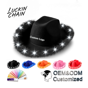Chapeau de cowboy lumineux bleu clair à bords effilochés ; chapeau de cowboy western bleu ciel à bords effilochés avec casquette LED - Product Image 1