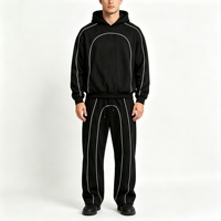 Conjunto de Chándal Personalizado Súper Pesado para Hombre, Estilo Urbano con Ribetes en Contraste, Sudadera con Capucha de Corte Holgado con Contorno Blanco y Pantalones Jogger a Juego